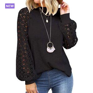 Long Sleeve Lace Blouse Loose Fit T-Shirt Balloon Sleeve Casual Office